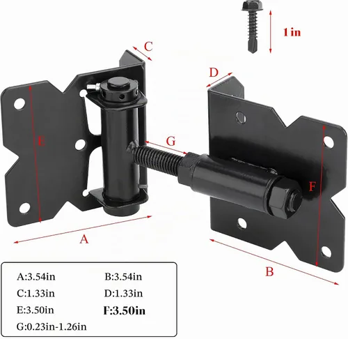 Vista 4 de Bisagras de puerta de cierre automático, accesorios ajustables y resistentes, kit de bisagras de puerta de 90 grados para madera/vinilo/metal/valla