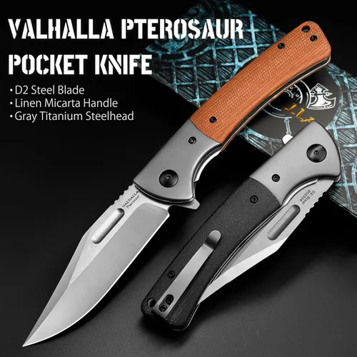 Vista 4 de VALHALLA PTEROSAUR Cuchillo de bolsillo, cuchillo plegable de acero D2 de 3.9 pulgadas con mango de micarta, cuchillo de bolsillo para hombres