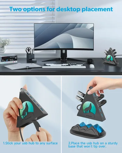 Vista 7 de Hub USB 3.0, concentrador USB de 7 puertos con luz nocturna RGB y base, divisor USB vertical para escritorio, laptop, MacBook, Xbox, PS4/5, consola