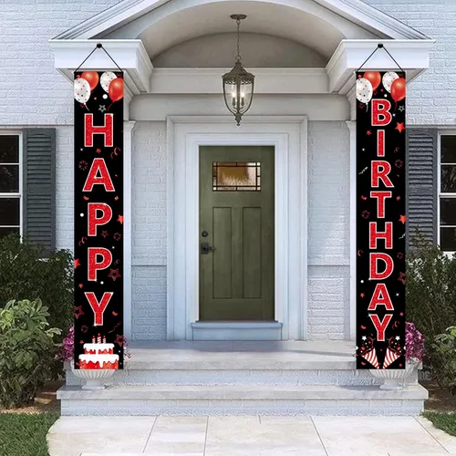 Vista 4 de Cartel de cumpleaños rojo y negro para puerta de cumpleaños para hombres y mujeres, letrero de feliz cumpleaños rojo y negro, suministros de fiesta