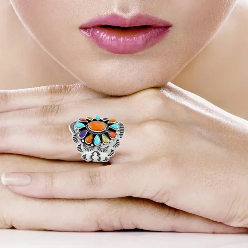 Vista 2 de Anillo de plata de ley con piedras preciosas auténticas y turquesa (selecciona color)