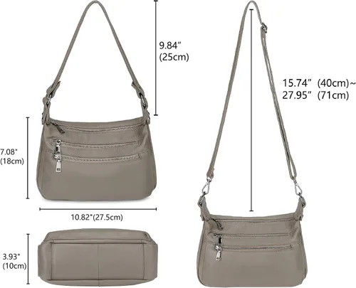 Vista 7 de YALUXE Bolso de hombro de cuero genuino, tamaño mediano, con múltiples bolsillos con cremallera, bolsos cruzados para mujer, color negro