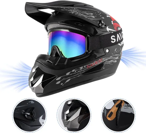 Vista 2 de Juego de 4 cascos de motocross para niños y jóvenes (guantes con gafas), casco de motocicleta de cara completa aprobado por DOT, ATV, BMX, bicicleta