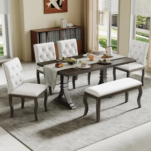 Vista 13 de Merax Juego de mesa de comedor extensible de 7 piezas para 6, mesa de cocina rectangular con 6 sillas tapizadas y respaldo curvado para comedor