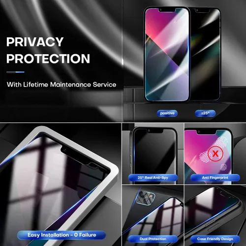 Vista 6 de TOCOL Intnl Pack - Protector de pantalla de vidrio templado de privacidad para iPhone 13 Mini de 5.4 pulgadas, protector de lente de cámara, sin