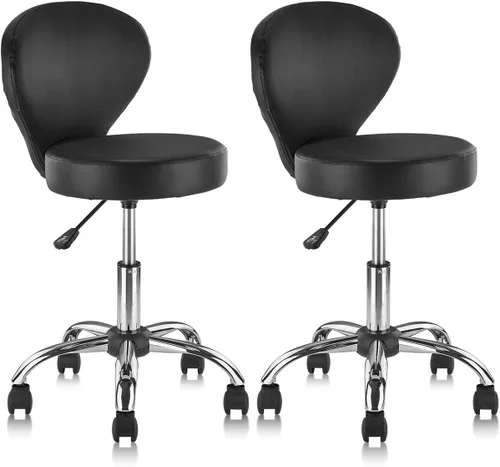 Vista 9 de KLASIKA Taburete giratorio ajustable con respaldo y ruedas, silla de escritorio de oficina multiusos, cojín de asiento grueso para el hogar, bar
