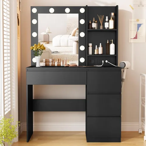 Vista 10 de Fameill Tocador de maquillaje con luces, escritorio de tocador de 37 pulgadas con espejo y luces, 4 cajones, 3 modos de iluminación, brillo