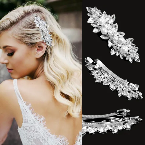 Vista 4 de 3 pinzas para el pelo nupcial con diamantes de imitación, horquillas de cristal, horquilla plateada, pasador de joyería para novias, damas de honor