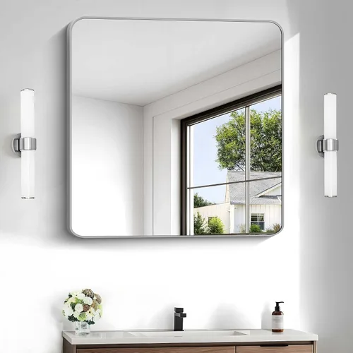 Vista 51 de Espejo de baño negro, espejos cuadrados de 18 x 18 pulgadas para pared, marco de metal, espejo de tocador de esquina redondeada para sobre