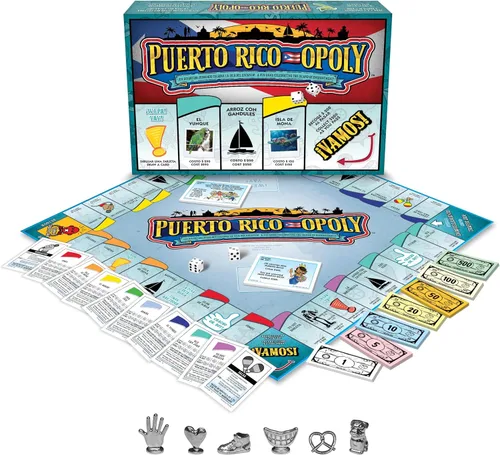 Vista 2 de Late for The Sky Puerto RICO-OPOLY - Juego de mesa bilingüe, cultura puertorriqueña para mayores de 8 años, 2 a 6 jugadores, fichas coleccionables