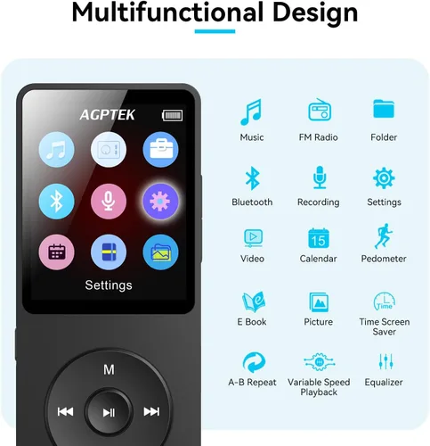 Vista 3 de Reproductor MP3 AGPTEK A02 con Bluetooth 5.3, reproductor de música portátil con pantalla de 1.8 pulgadas, bocina, radio FM, grabadora de voz, Negro