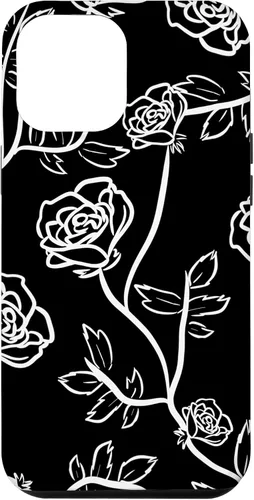 Vista 6 de iPhone 14 Rose Bush Pétalos de rosa Hojas de espina Funda blanca y negra