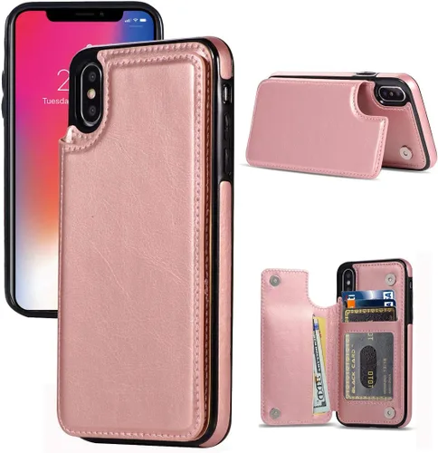 Vista 10 de Funda tipo cartera compatible con iPhone X/XS, funda protectora delgada con tarjetero y ranuras para tarjetas de piel sintética de alta calidad