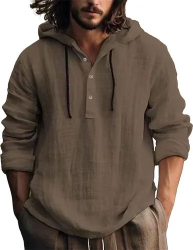 Vista 28 de Camisas de lino para hombre, ligeras, con botones, de manga larga, con capucha, ajuste regular, de algodón, para la playa