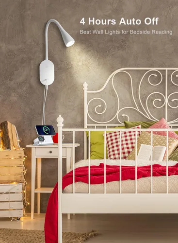 Vista 5 de deeloop Luz de lectura LED de montaje en pared para cama, lámpara de lectura con salida USB, 5 niveles de brillo, luces de libro de control táctil