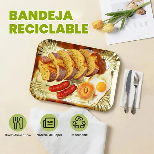 Vista 3 de 10 piezas de bandejas rectangulares doradas, de papel de cartón desechable resistente para platos, para elegante mesa de postres, exhibición