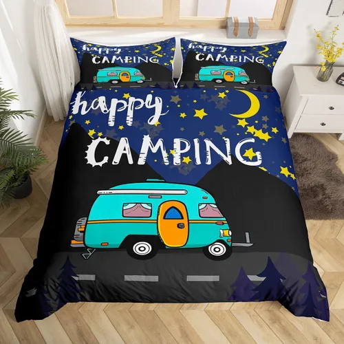 Vista 21 de Erosebridal Juego de funda de edredón de cabaña de cabaña, ropa de cama individual para niños, funda de edredón de campamento feliz, ropa de cama