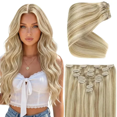 Vista 42 de Ve Sunny Extensiones de cabello clip-in de cabello humano real con reflejos, extensiones de cabello con clip para cabello corto, marrón oscuro