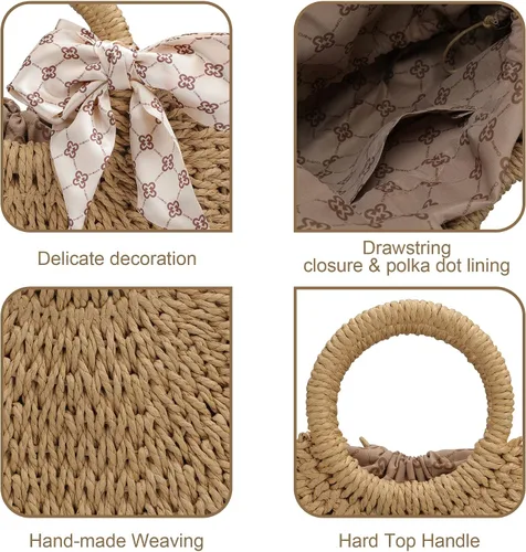 Vista 3 de Chling Bolso de hombro de paja, bolso cruzado de paja, bolso de mano de paja, bolso de hombro de paja, bolso casual de paja para la playa, bolso