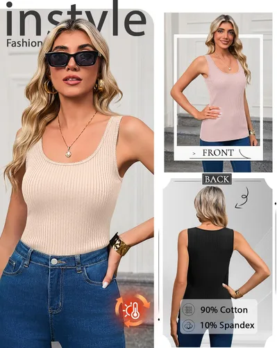 Vista 5 de Paquete de 3 camisetas térmicas sin mangas acanaladas para mujer, de forro polar de algodón, cuello redondo, ajustadas, capa base de camisola