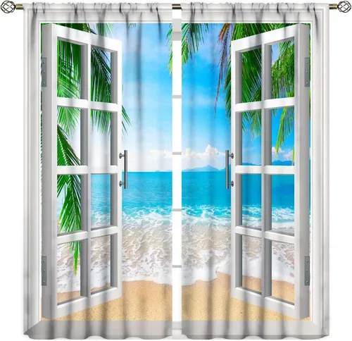 Vista 14 de Cortinas opacas para dormitorio con temática de vacaciones en la playa, palmeras, estilo verano, con bolsillo para barra, para sala de estar