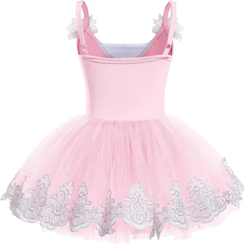 Vista 2 de ODASDO Leotardo de ballet para niñas, camisola, faldas tutú, lentejuelas brillantes, bordado de flores, vestido de baile, traje de gimnasia