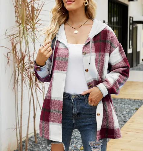 Vista 5 de Ainangua Chaqueta casual con capucha para mujer de gran tamaño de franela a cuadros mezcla de lana con botones color rojo talla L Rojo