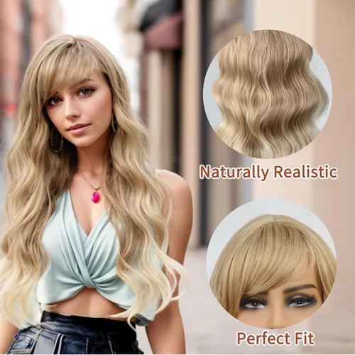 Vista 6 de Peluca rubia con flequillo de 26 pulgadas de largo, rizada, ondulada para mujer, pelucas rubias degradadas con flequillo, aspecto natural, pelucas
