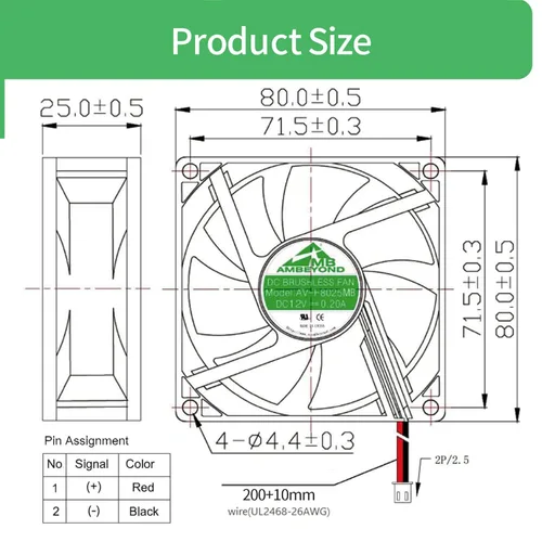 Vista 3 de 3.150 in por 3.150 in por 0.984 in 8025 12V DC 0.20A Dual Ball Bearing Ventilador de enfriamiento sin escobillas 2pin AV-F8025MB UL CE