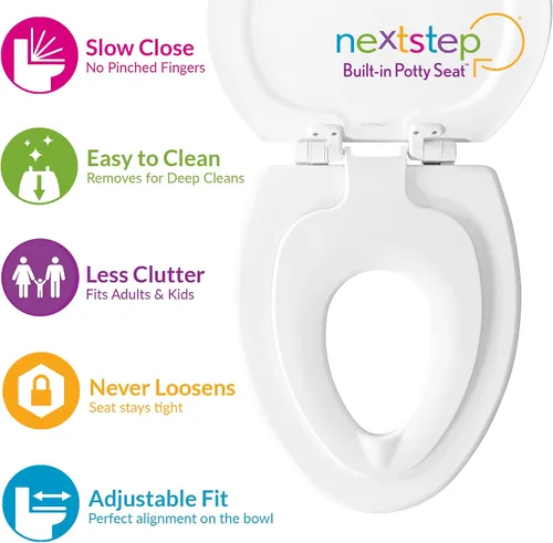 Vista 2 de Mayfair NextStep2 - Asiento de inodoro de cierre lento con asiento para orinal integrado para niños pequeños, desmontable, color blanco, redondo