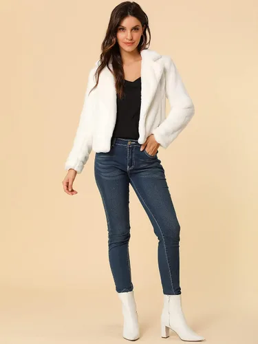 Vista 3 de Allegra K Chaqueta corta de piel sintética para mujer, cárdigan con solapa, abrigo de piel sintética esponjosa para invierno 2023