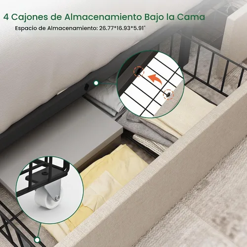 Vista 3 de LARMACE Base de cama tamaño matrimonial con 4 cajones de almacenamiento y cabecera copetada, base de cama tapizada en lino con listones de madera