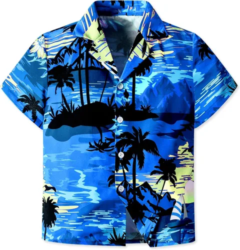 Vista 2 de SANGTREE Traje hawaiano corto de verano para niños, camisa con botones + camiseta blanca + pantalones cortos, 3 meses a 9 años
