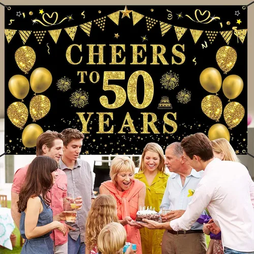 Vista 7 de Trgowaul Decoraciones de cumpleaños número 50/aniversario/boda para mujeres y hombres, pancarta de felicitación a los 50 años, fondo negro y dorado