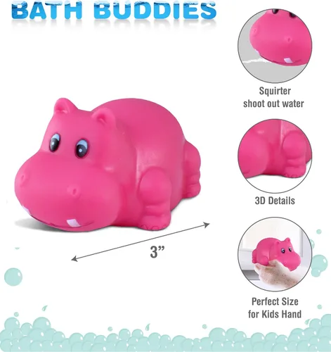 Vista 2 de DolliBu Hippo Bath Buddy Squirter - Juguete flotante de goma hipopótamo rosa, divertido juego de baño para niños pequeños, lindo y suave, juguete