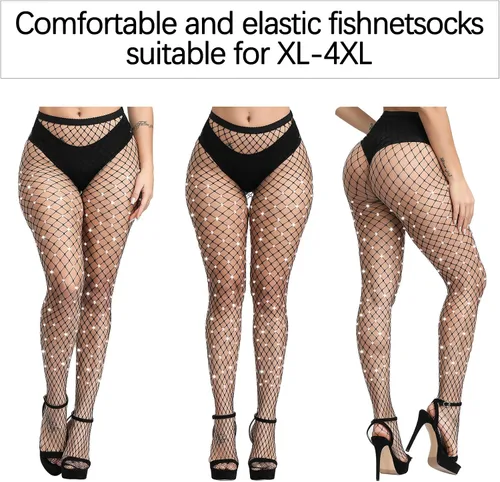 Vista 4 de URATOT Paquete de 3 medias de malla para mujer con diamantes de imitación de talla grande