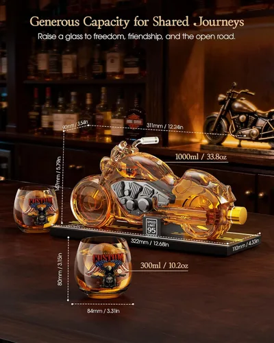 Vista 6 de Kollea Regalos de cumpleaños para hombres, papá, juego de decantador de whisky de motocicleta con 2 vasos, dispensador de licor para bar en casa