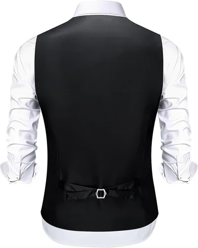 Vista 4 de DiBanGu Conjunto de corbata con cremallera y chaleco de lino para hombre Negro