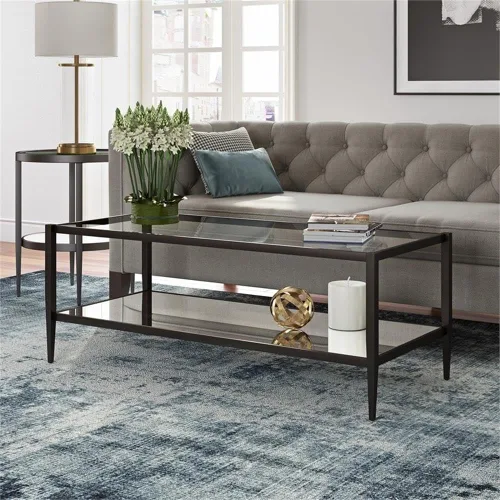Vista 2 de Mesa de centro rectangular moderna en negro y bronce con estante de espejo