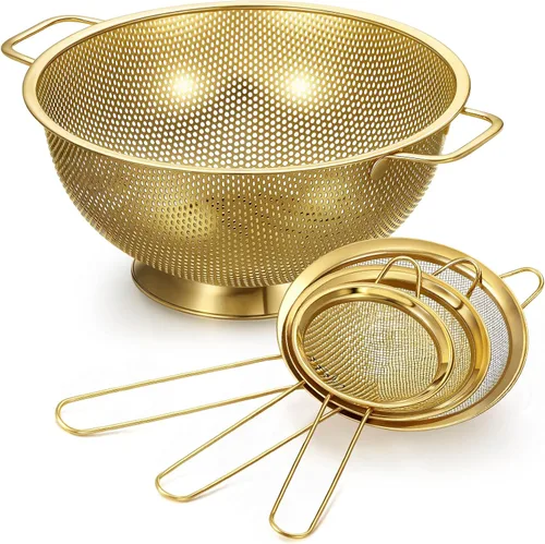 Vista 9 de Norme Colador dorado de acero inoxidable de 3 cuartos de malla fina, colador de metal para pasta, arroz y alimentos con asas, fácil de limpiar