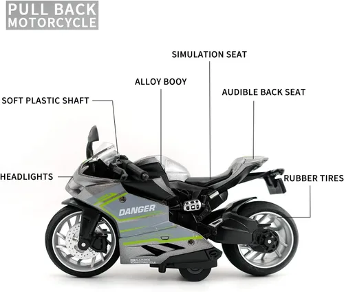 Vista 3 de Modelo de motocicleta de tracción hacia atrás, motocicleta de juguete a escala 1:12, juguete de motocicleta con luz y música para niños y niñas