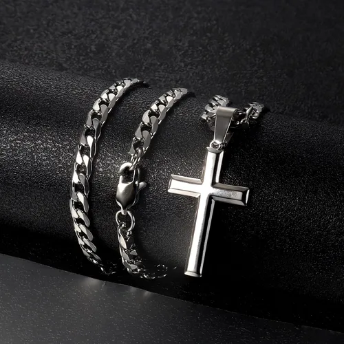 Vista 9 de BESTEEL - Colgante de cruz de plata 925, collar de cadena cubana de acero