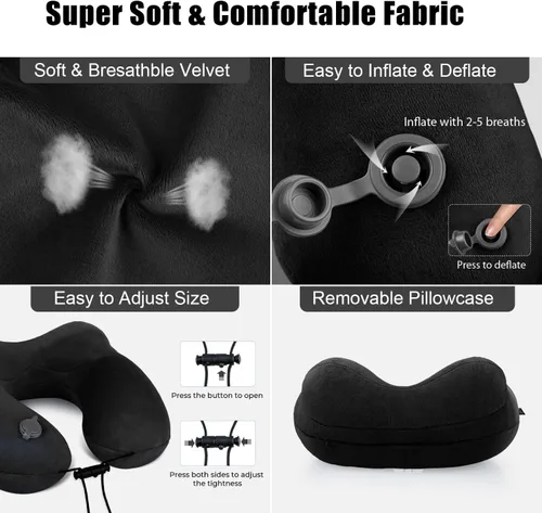 Vista 4 de Almohada inflable para el cuello de viaje para aviones, soporte de cuello de terciopelo súper suave, firmeza ajustable, almohada inflable