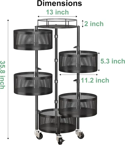 Vista 6 de SAYZH Cesta de frutas y verduras para cocina, estante de almacenamiento giratorio, carrito rodante de 5 niveles con tapa superior, ruedas de alambre