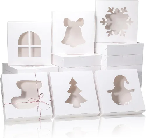 Vista 7 de COTOPHER 18 cajas de galletas de Navidad con ventana, 10 x 10 x 2.5 pulgadas, cajas de panadería marrones para regalo, cajas de postre de papel