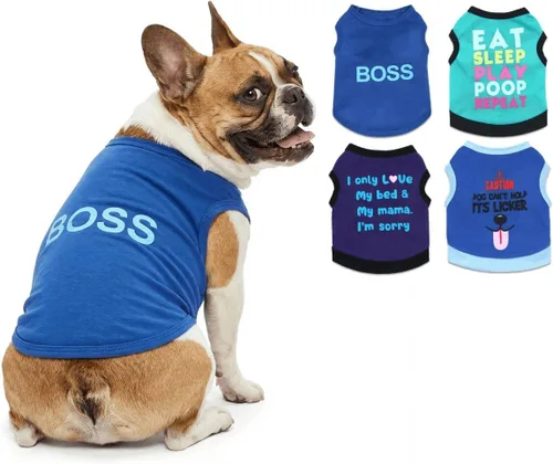 Vista 7 de Paquete de 4 camisetas para perros XS para perros y cachorros, ropa de verano funny chihuahua yorkie dog tshirt, blue cooling vests, stretchy