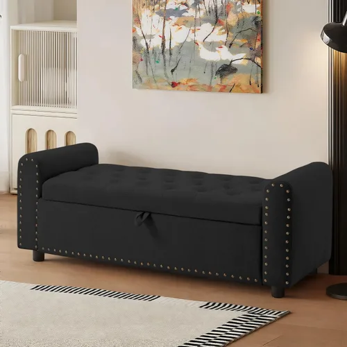 Vista 14 de 48" Ottoman with Storage, Tufted Storage Ottoman Bench, Convenient Living Room Fabrics Bench Seat, Entryway Shoe Benches with Inner Zipper & Arm