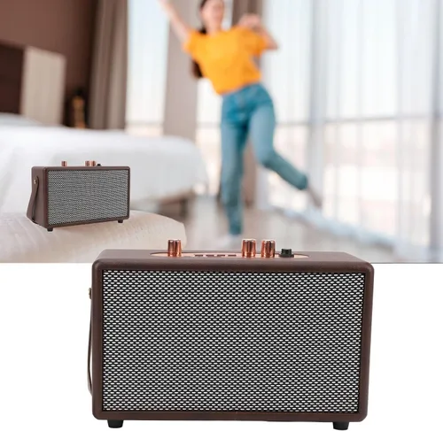 Vista 3 de Altavoz portátil retro, altavoz vintage de piel sintética con 10 W x 2 altavoces duales, tiempo de reproducción de 8 horas de duración, entrada