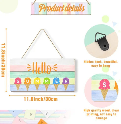 Vista 3 de Letrero decorativo para puerta con texto en inglés «Hello Summer» para colgar en la playa, con temática de helado, colgador de puerta de madera