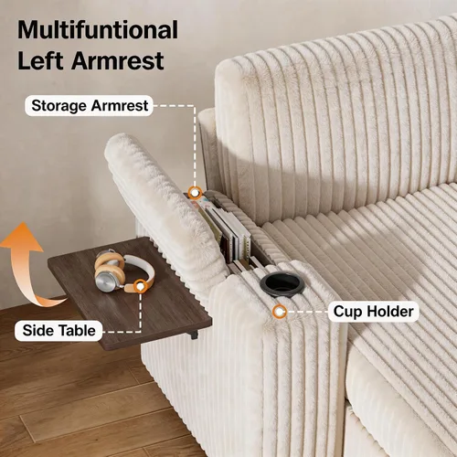Vista 8 de Vipbear Sofá cama modular de 86 pulgadas con cama extraíble, sofá en forma de L de pana de felpa de 3 asientos con diván de almacenamiento, puertos